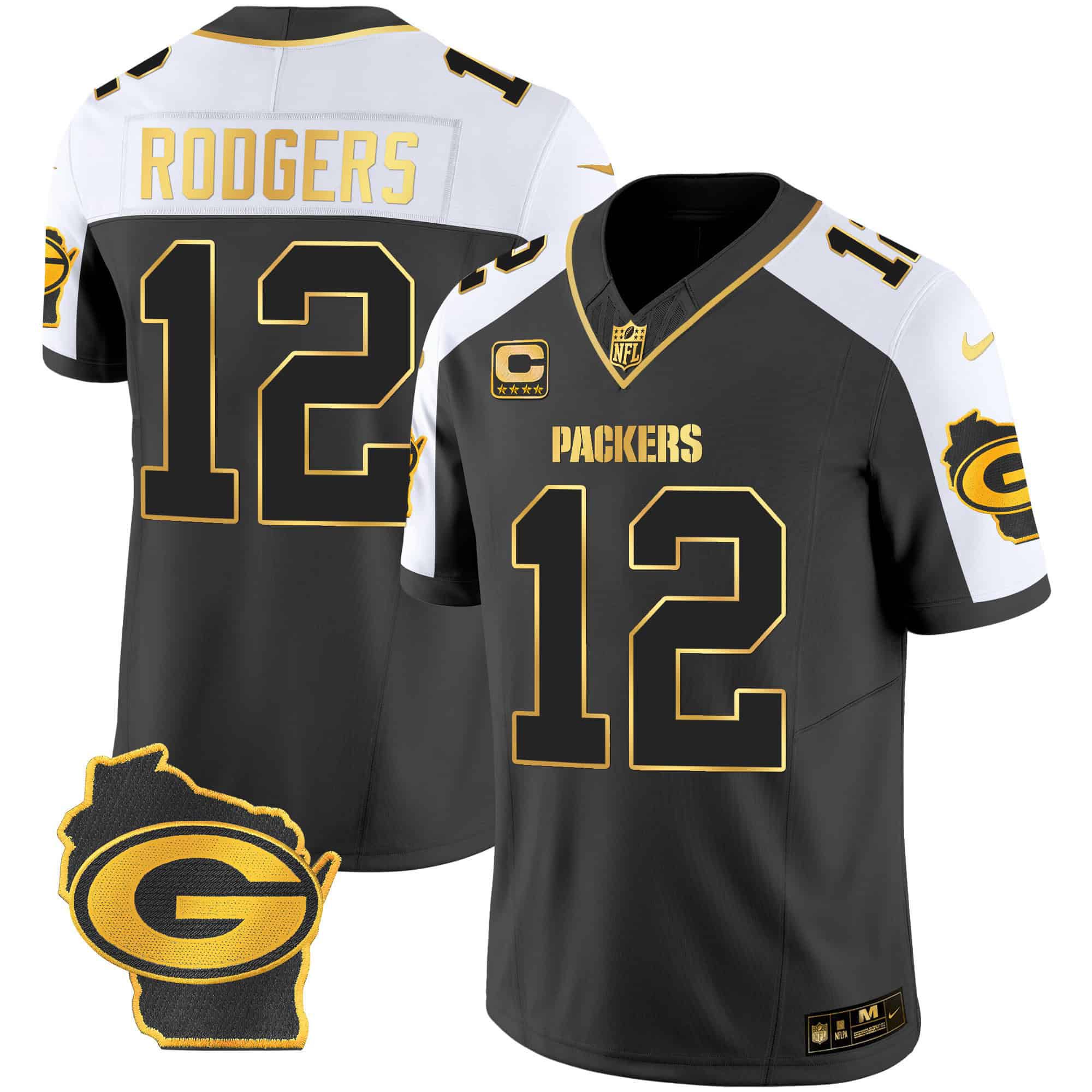 Men Green Bay Packers #12 Rodgers Black Gold 2024 Nike Home Patch Vapor NFL Jersey